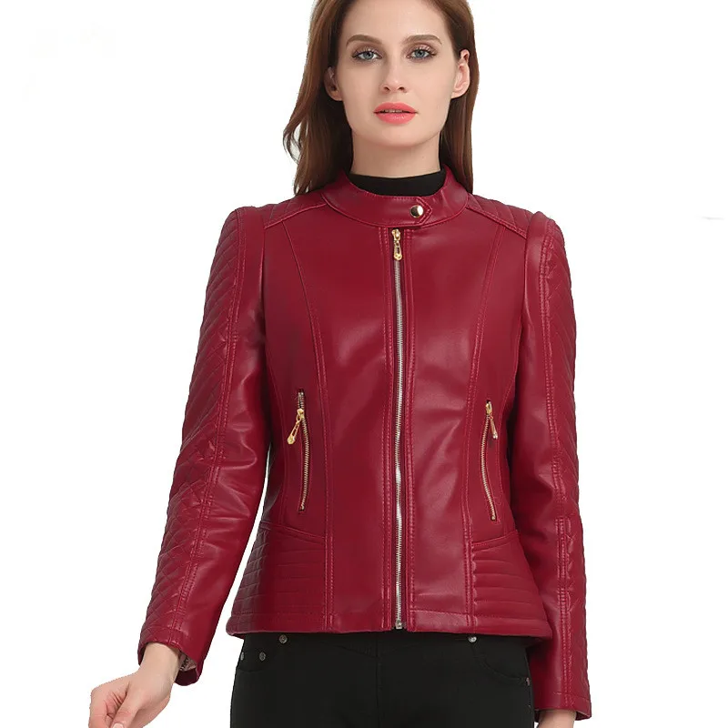 Женская кожаная куртка, XL-6XL, новинка весны, повседневная куртка из искусственной кожи со стоячим воротником, Байкерская кожаная куртка высокого качества - Цвет: dark red