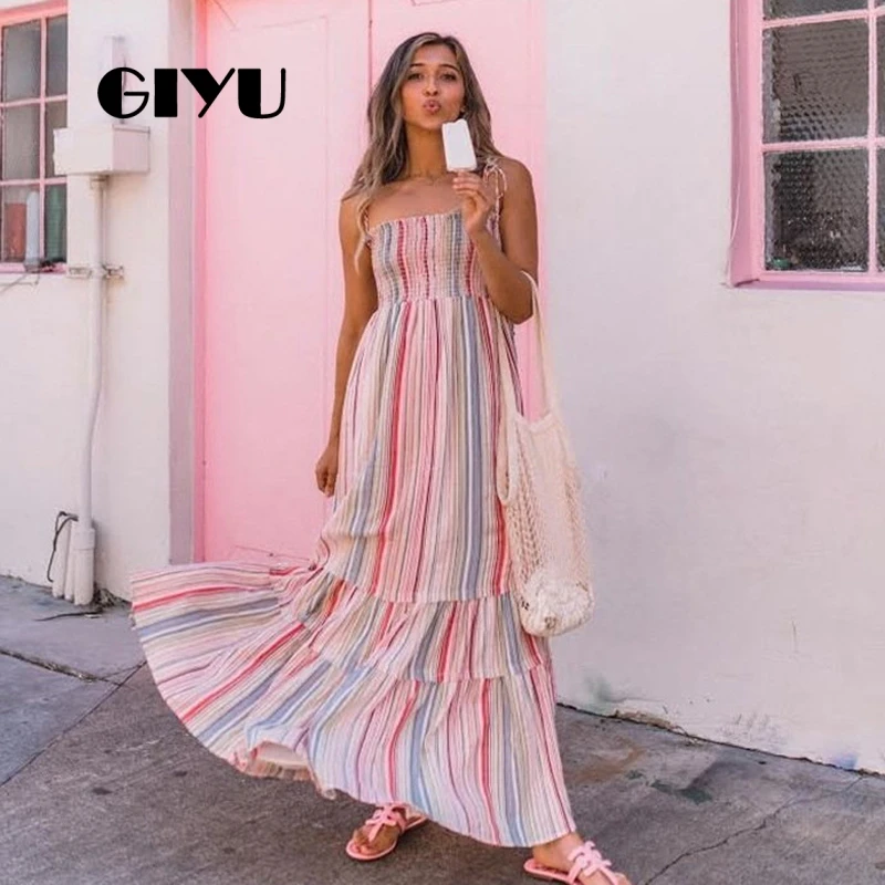 GIYU женское Макси платье с принтом на бретелях длинное Vestido секси галстук-ап
