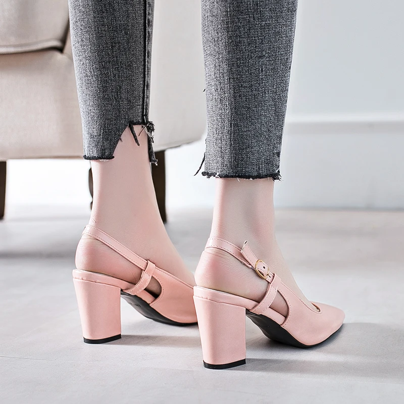Женские туфли-лодочки на Высоком толстом каблуке; туфли с острым носком; женские туфли-лодочки на низком каблуке; цвет оранжевый, розовый, черный; Повседневная Офисная Рабочая обувь