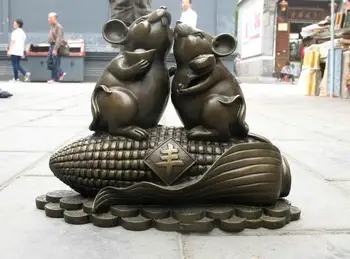 

Chinese Pure Bronze carve Two Money mouse on Corn Lucky Fengshui Statue