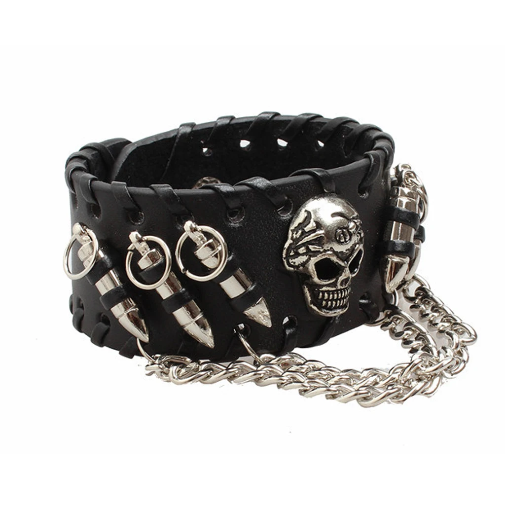 Punk Style Braclets for Men Women Black PU Leather Bangle Punk Skeleton Skull Wristband Bracelets Metal Chain