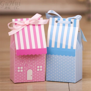 

50pcs/lot European Pink Blue Stripe House Candy Box With Ribbon Kids Birthday Wedding Party Decoration Baby Shower Xmas Supplies