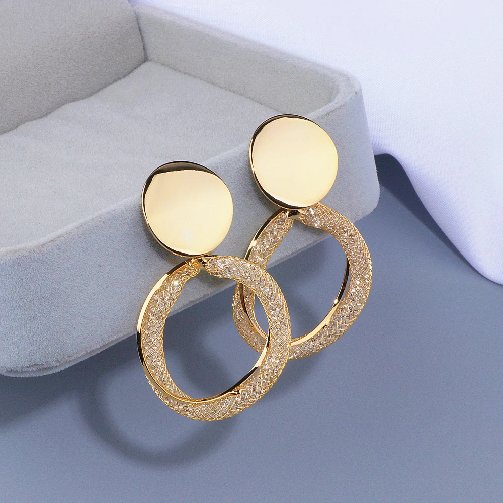 

New Geometric Circle Round Drop Earrings for Women Gold Color Hollow Out Cubic Zirconia Twist Earring Party Jewelry Gift WX128