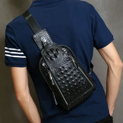 Мужская нагрудная сумка с крокодиловым узором, мужская сумка из натуральной кожи, повседневная сумка, новинка, многофункциональная сумка-мессенджер, нагрудная сумка - Цвет: 9916chest bag black