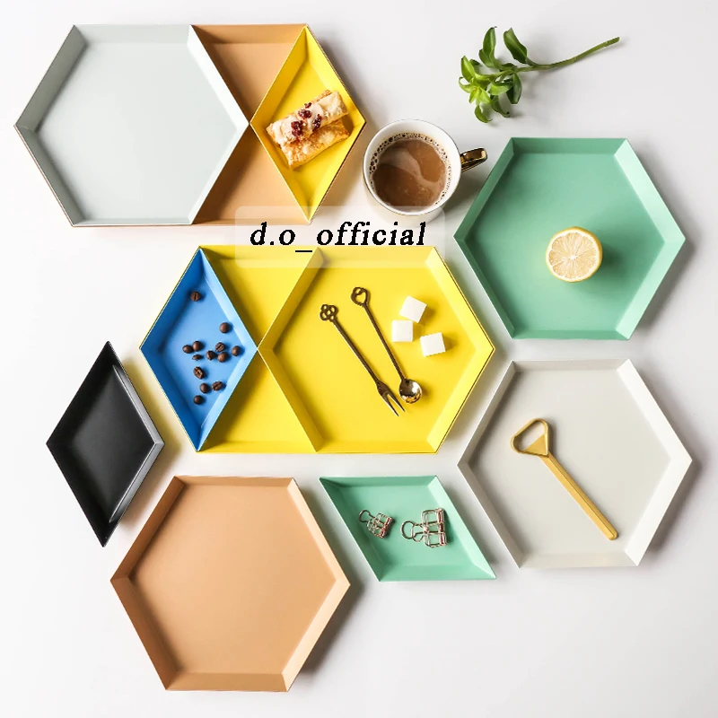 S size Colorful polygonal desktop combination storage tray Nordic geometric diamond metal hexagonal tea tray stainless steel 3