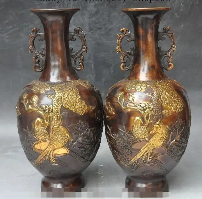 

S00556 13"chinese bronze gilt flower bird pine lucky statue zun cup Bottle Pot Vase Jar