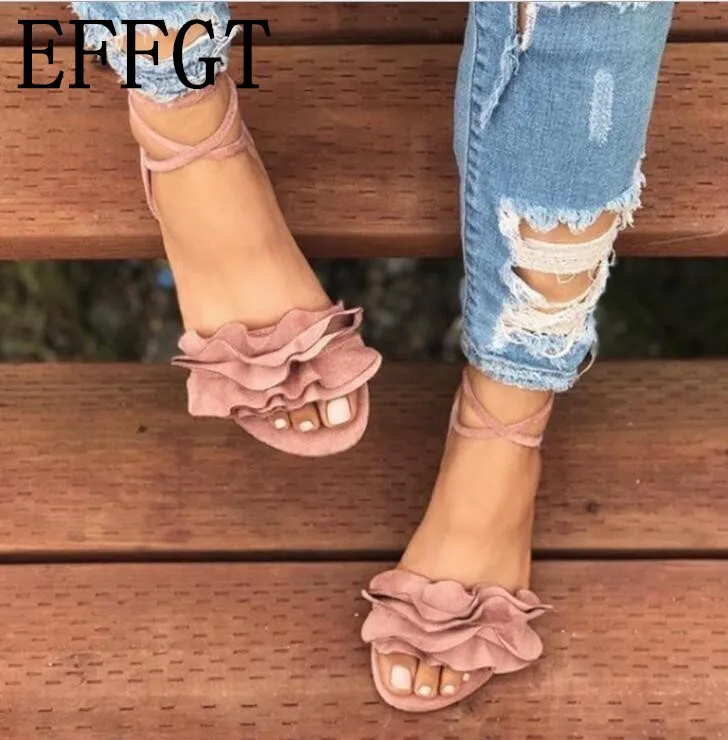 

EFFGT Women Gladiator Sandals Lace-Up flowers sandals Flat women Shoes sandals Fashion Ankle Strap Summer shoes Sandals
