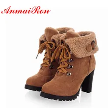 ANMAIRON/Модные женские ботильоны зимние ботинки на шнуровке на высоком каблуке туфли-лодочки на платформе теплые женские ботинки Прямая поставка