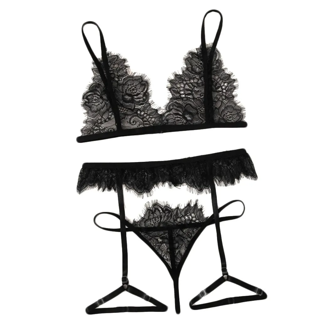 

Black Lace Unlined Seamless Lingerie Ultra-Thin Bra Bandage Sexy Intimates Set Sling Perspective Underwear Bielizna Damska#Y1