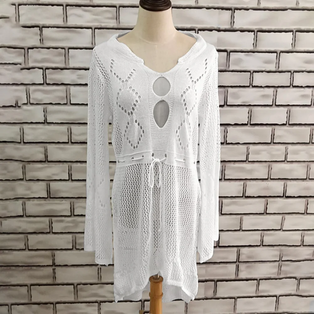 

Hollow Women Blouse Knit Swimwear Beach Bikini Summer Crochet Cover Up Solid Dress Bell Sleeve Lace Holiday