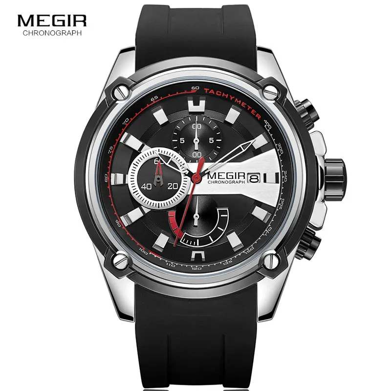 Люксовый бренд MEGIR новые модные большие Dila часы мужские черный силиконовый ремешок Дата кварцевые военные спортивные часы наручные мужские s relogios - Цвет: black Silver