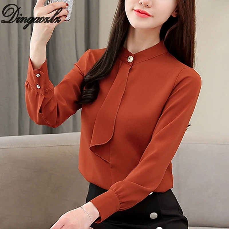Dingaozlz 2019 Новая мода с длинным рукавом Женские офисные шифоновая рубашка элегантный сплошной цвет для женщин топы шифоновая блузка