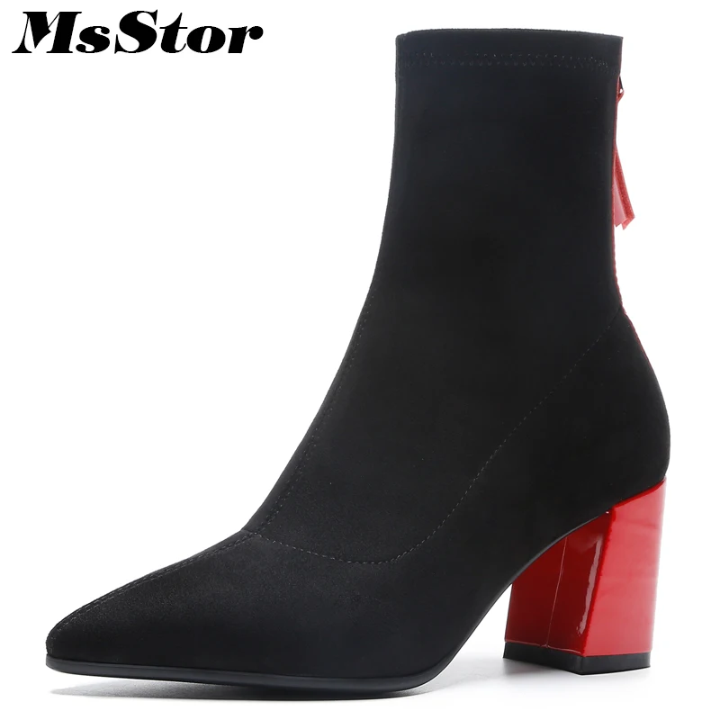 

Msstor Women Boots Fashion Metal Zipper Ankle Boots Women Shoes Pointed Toe Square heel Boot For Girl High Heel Boot Shoes Woman