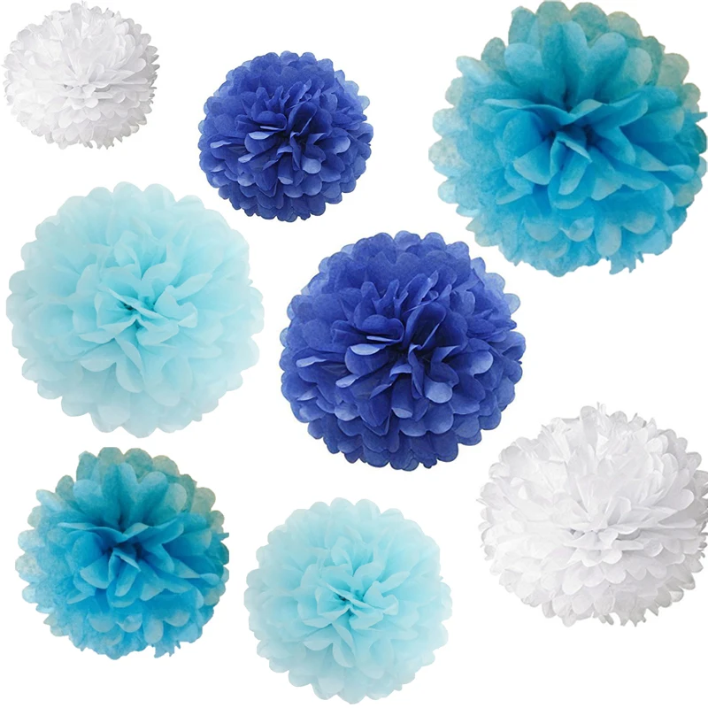 

32X NEW mix sizes baby boy BLUE WHITE STYLE tissue paper flowers bunting pom poms wedding party wall hanging decorative flower