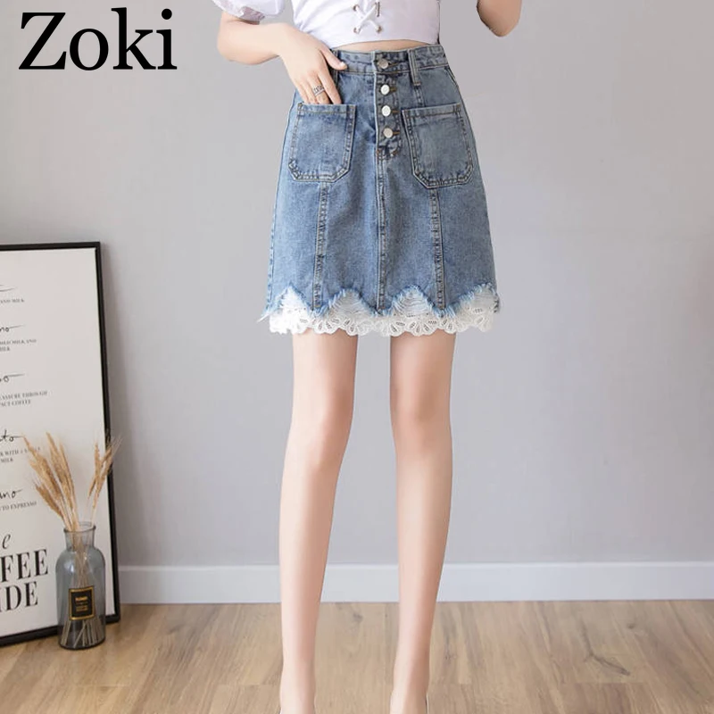 

Zoki Sexy Lace Women Denim Mini Skirt Fashion Summer Korean High Waist Single Button A-line Elegant Party Package Hip Skirt 2019