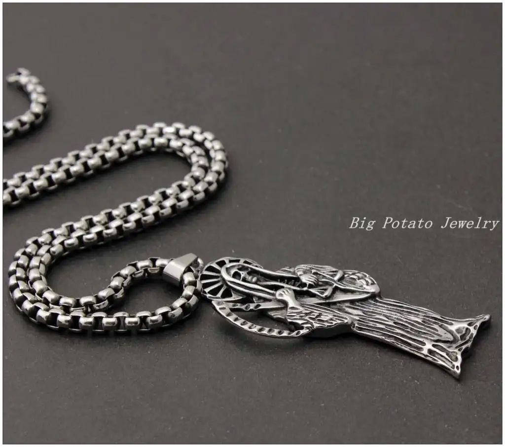Silver Color Holy Saint Death Santa Muerte Skull Mens Pendant Necklace Stainless Steel Jewelry 24" Rolo Chain Hip Hop 3