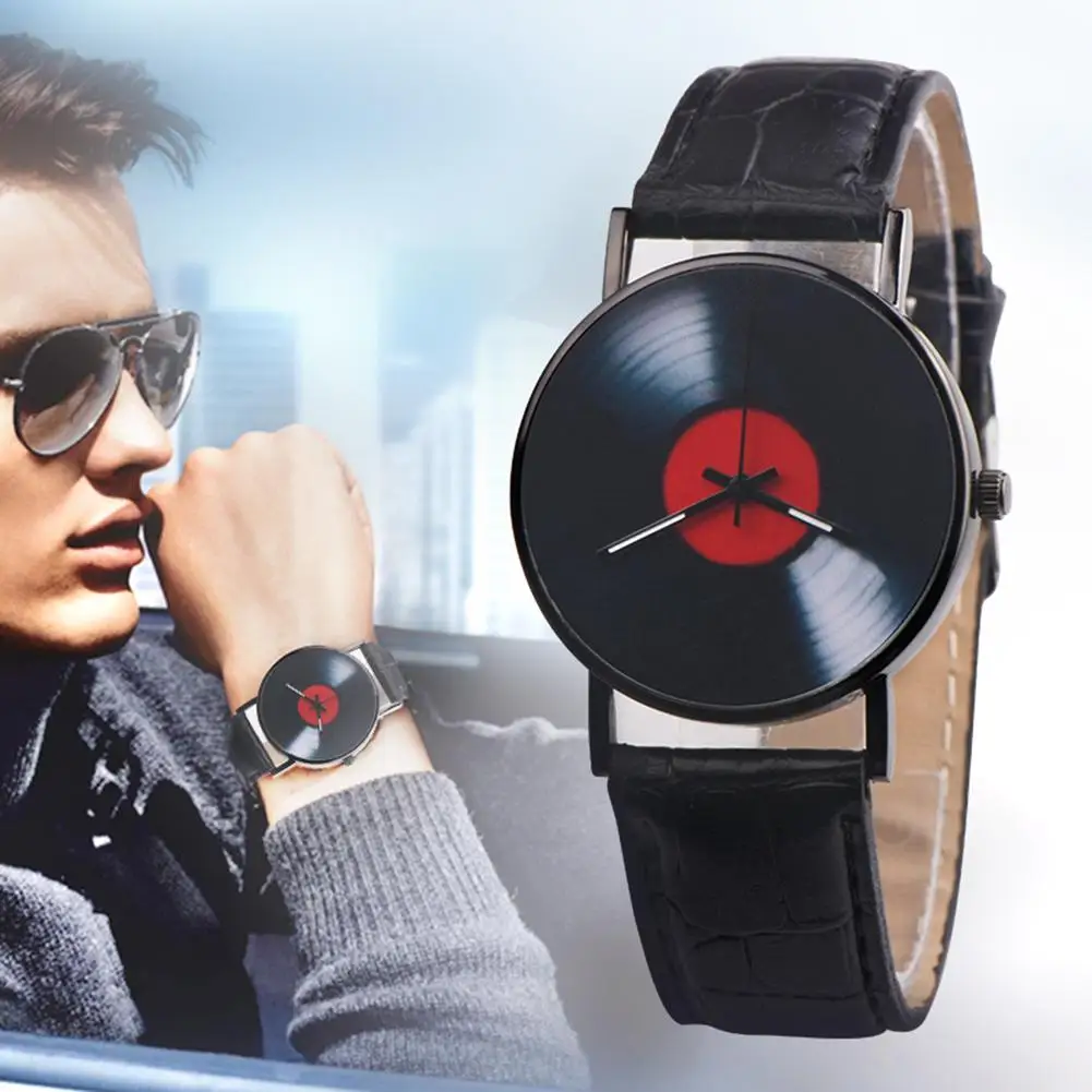 

Men Simple Retro Vinyl Record Dial Faux Leather Men Women Clock Analog Quartz Wrist Watch Gift