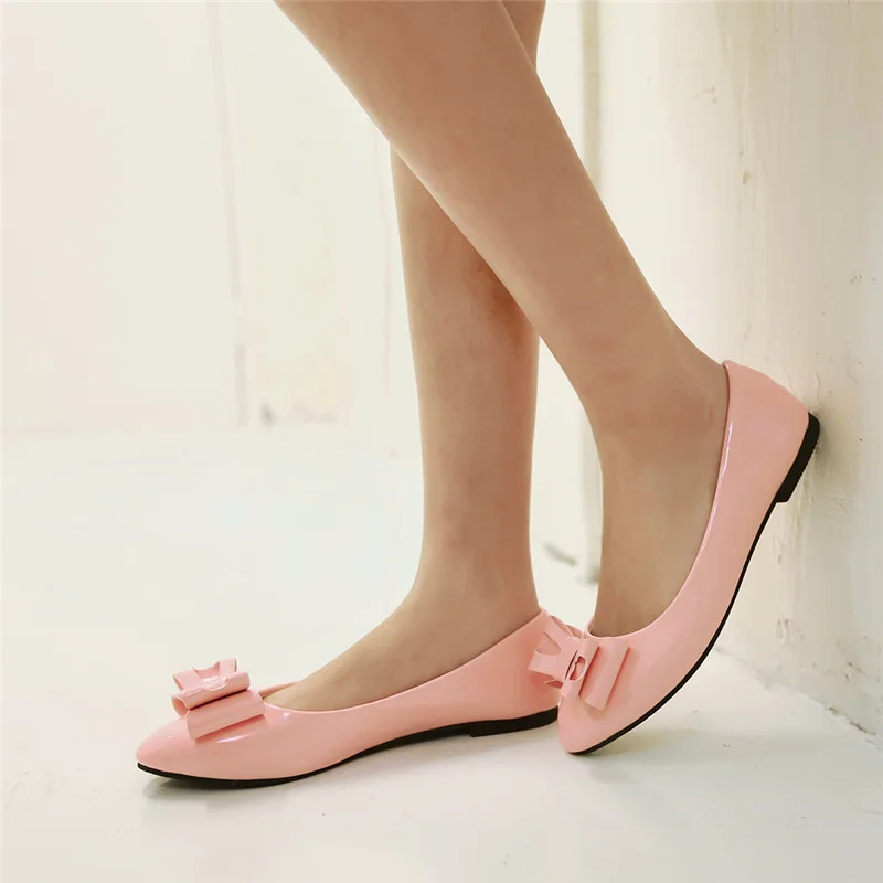 

Spring Flats Women Shoes Sweet Bowtied Loafers Patent Leather Elegant Flat Heels Slip On Footwear Female Pointed Toe Shoes