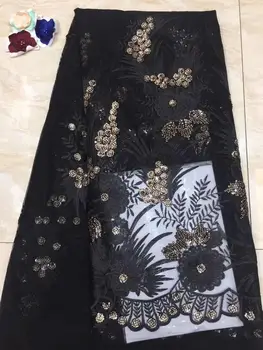 

fashion black sequins French Lace Fabric Wedding 3D Flower Dress Wholesale Price sequins Nigerian Tulle Lace Fabrics FF5-11
