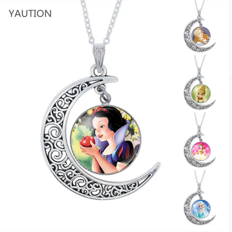 

YAUTION Ladies The Long Chain Jewelry Necklace moon Crystal Cabochon Princess Elsa Anna Snow Queen Pendant Necklace For Girls