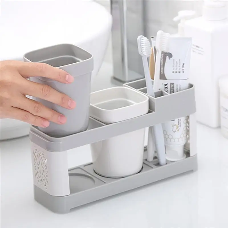 

Double Cup Storage Shelf Multi-Function Toothbrush Holder Set Desktop Practical Toothbrush Rack For Couple Bathroom Accessories