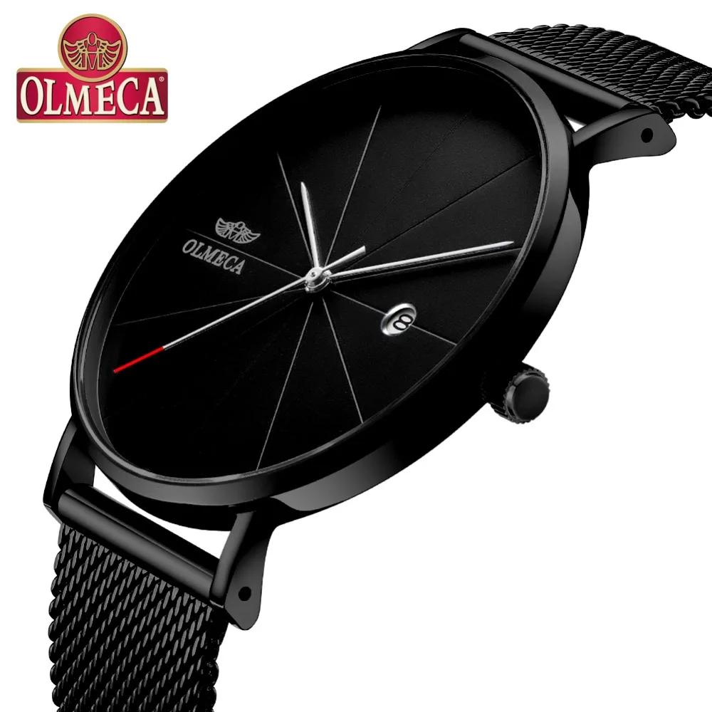 

Luxury reloj hombre Quartz Clock OLMECA Men's Watches Calendar Date Wrist Watch 3ATM Water Resistant Watches Milanese Band Black