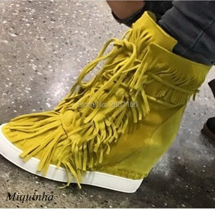 Hot Spring Autumn Suede Fringed Wedge Casual Shoes Women Ankle Booties Lace Up Tassel Height   Increasing Ladies Short Boots