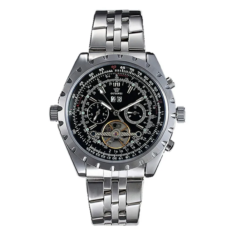 OUYAWEI العلامة التجارية الذاتي الرياح الميكانيكية ووتش الرجال صدمة مقاومة الفولاذ المقاوم للصدأ ساعة اليد أزياء اللباس الأعمال Relogio Masculino