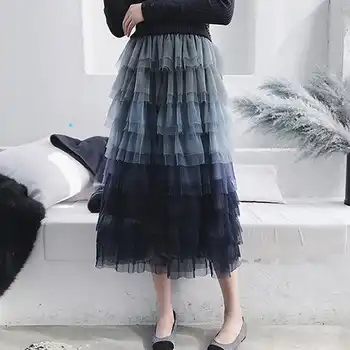 SETWIGG Super Fashion Gradient Blue Tiered Mesh A-line Long Spring Skirts Waist Band Sweet Puff Layered Tulle Calf Summer Skirt