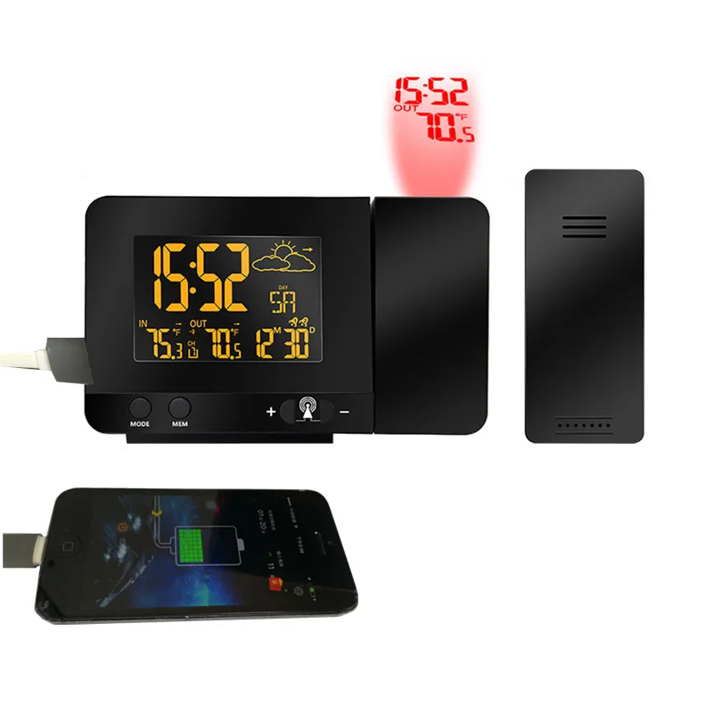 Goede EU amp; USA Plug Optioneel 433 mhz Telefoon Opladen Digitale Projectie Wekker Weerstation