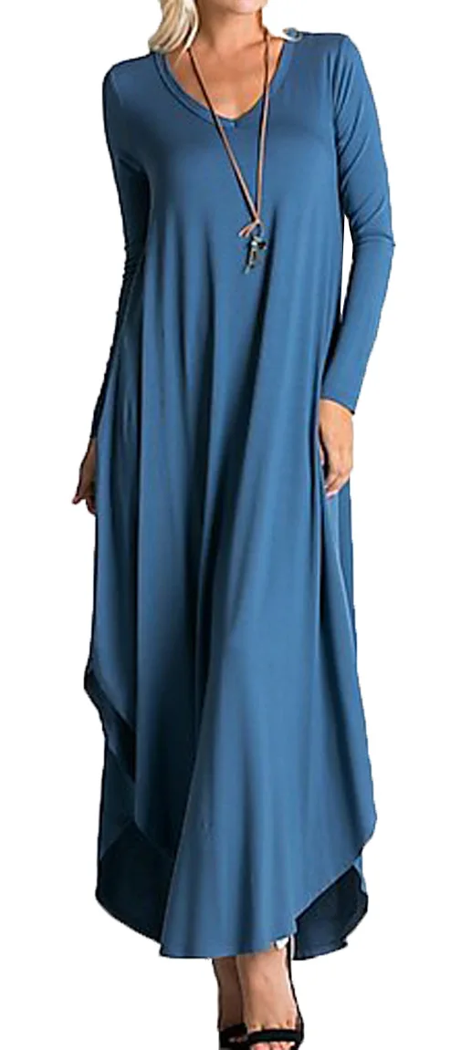 2018 Fashion Knitted Maxi Dress Women Long Sleeve Loose Female Dress Pleated V neck Solid Casual