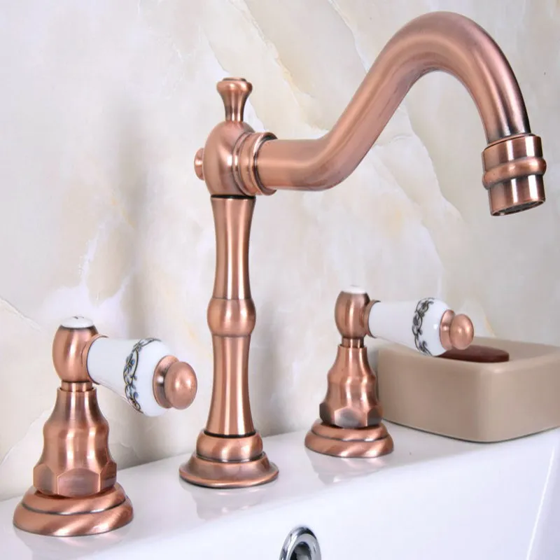 

Deck Mounted 3 Holes Bath Tub Mixer Tap Vintage Retro Antique Red Copper Brass Widespread 2 Handles bathroom basin Faucet arg061