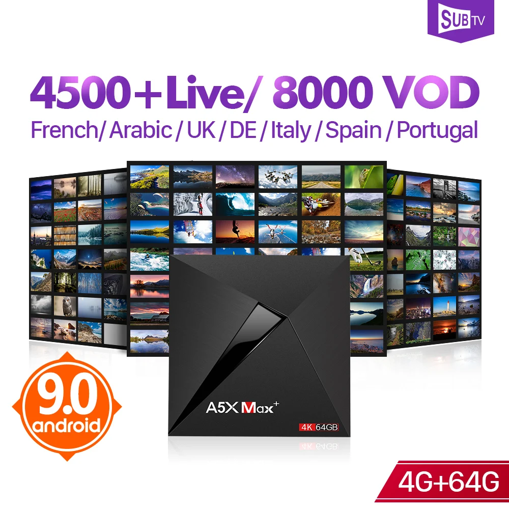 

SUBTV IPTV France Arabic 1 Year IPTV A5X MAX Android 9.0 Tv BOX 4G 64G French Arabic Portugal Turkey Italy 4K Full HD IP TV