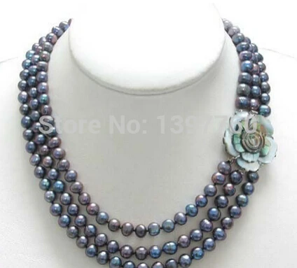 

Miss charm Jew.480 3 Rows Genuine Black Pearl 18KWGP Shell Flower Clasp Necklace