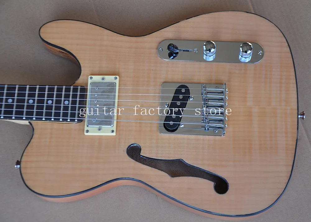 

hot China guitar factory custom new New solid body Natural color Maple Wood top Semi Hollow F Hole Jazz TL electric Guitar.