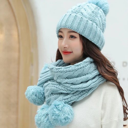 HT2130 зимние наборы шарф шапка с большими помпонами женская шапка шарф Дамская вязаная шапочка-шарф Набор повседневные зимние аксессуары наборы - Цвет: Небесно-голубой