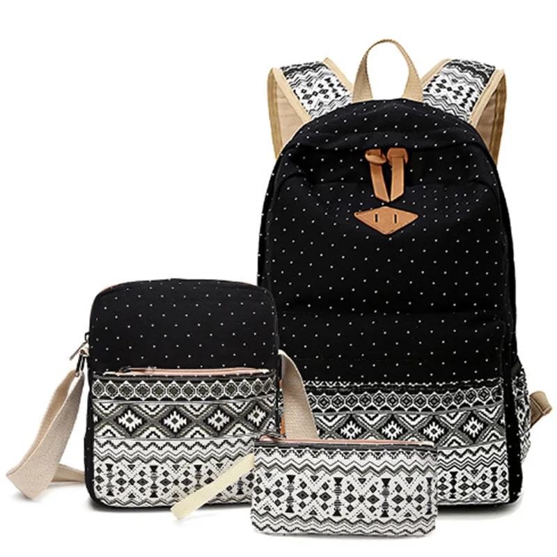 3 Pcs set polka dot women backpack canvas printing school bags for teenagers girls backpacks cute