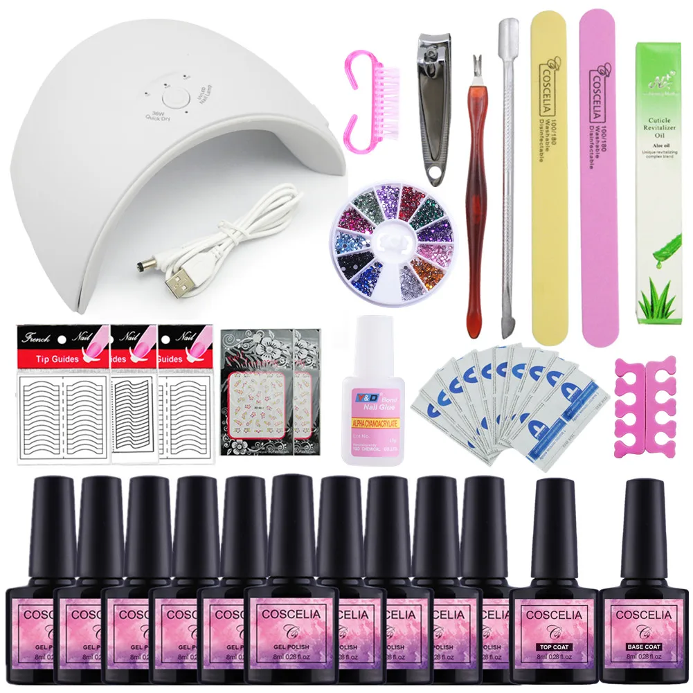 

Choose 10 Gel Nail Polish Nail Sequins Top Base Coat Primer Set 36W UV LED Nail Dryer Nail Art Gel Varnish Manicure Tools Kit