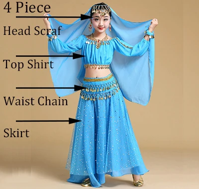 Профессиональная одежда для индийских танцев для девочек, детские костюмы для танца живота, модные костюмы для Болливуда, танцевальные костюмы для девочек, костюмы для египетских танцев - Цвет: Lake Blue 4 Piece