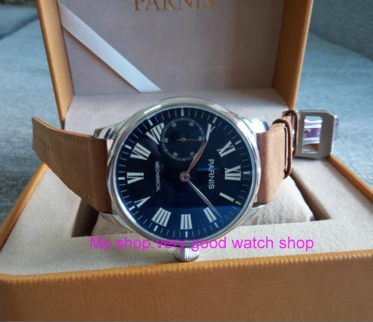 

44mm PARNIS Blue dial Asian 6498 17 jewels Mechanical Hand Wind movement men's watch luminous Mechanical watches zdgd25A