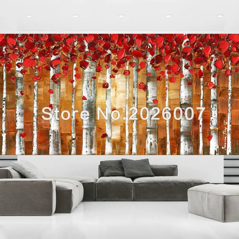 

Hand Painted Landscape Abstract Red Birch Trees Palette Knife Oil Painting On Canvas Modern Home Decoration Living Room