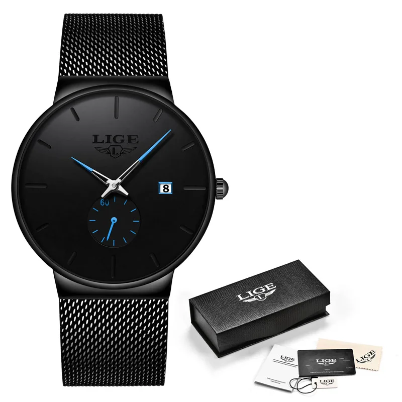 Мужские часы LIGE класса люкс от ведущего бренда, мужские наручные часы из нержавеющей стали, мужские военные водонепроницаемые кварцевые часы с датой, мужские часы - Цвет: black blue
