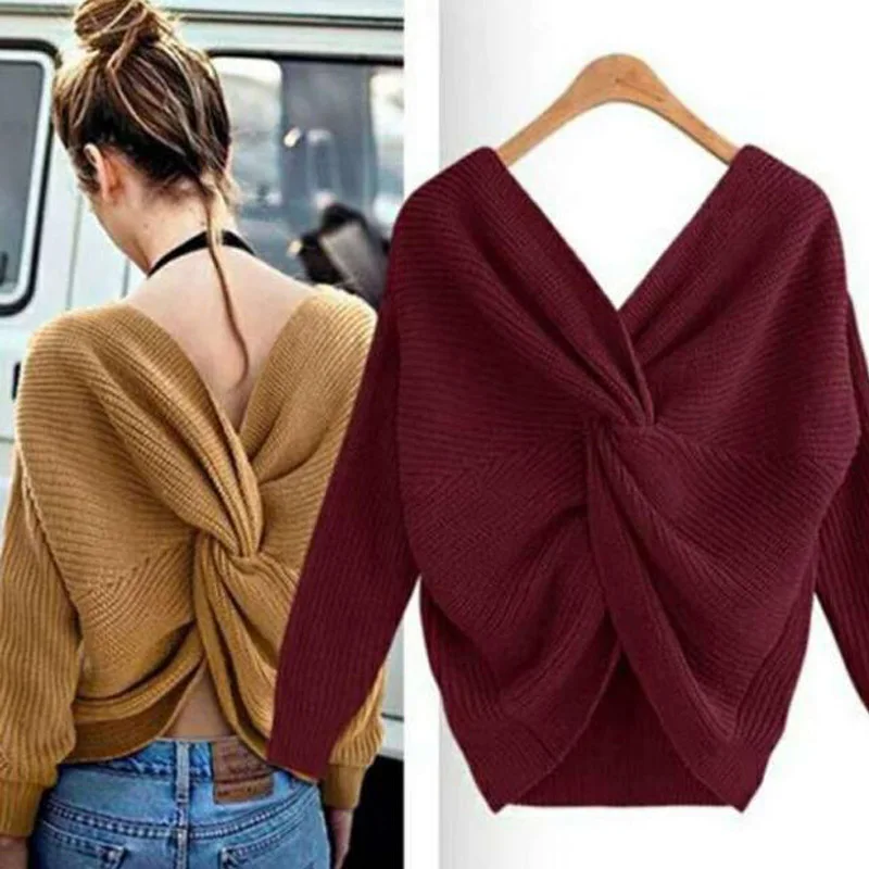 

Autumn And Winter Two Wear Loose V-neck Pullover Irregular cross knotted knit sweater Sexy Fashion Ladies Tops XNW570