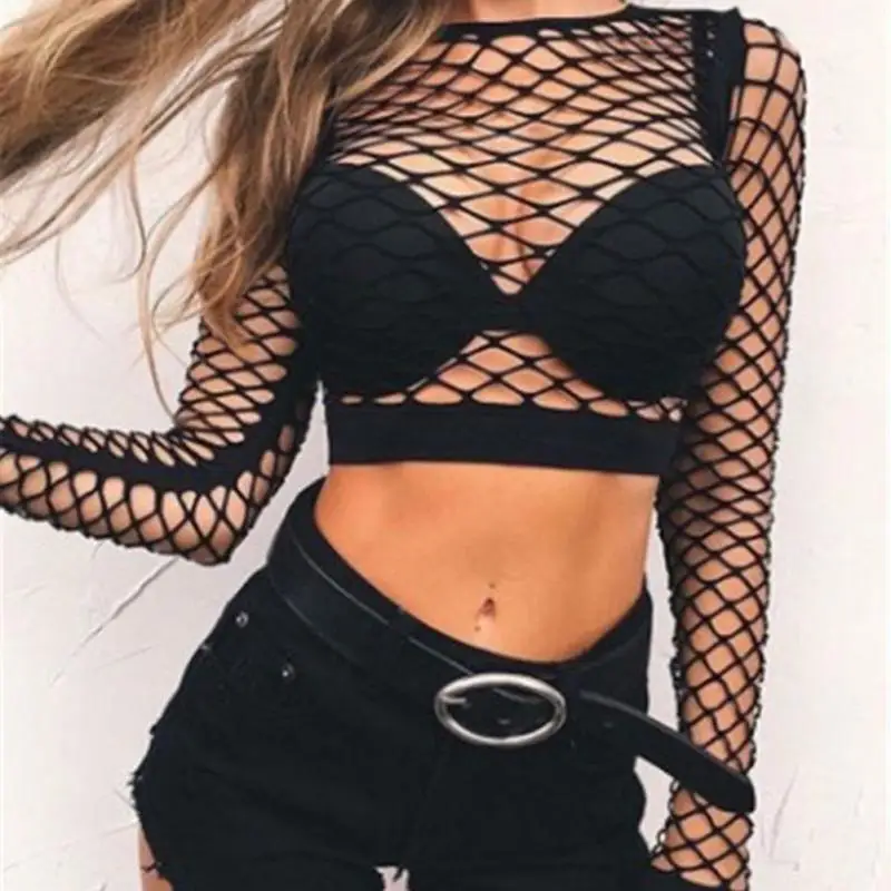 

Sexy Womens Fish Net Tops T-shirt Low collar Long Sleeve Ladies See Through Cropped Tops Ladies Hollow Out Fashion Top
