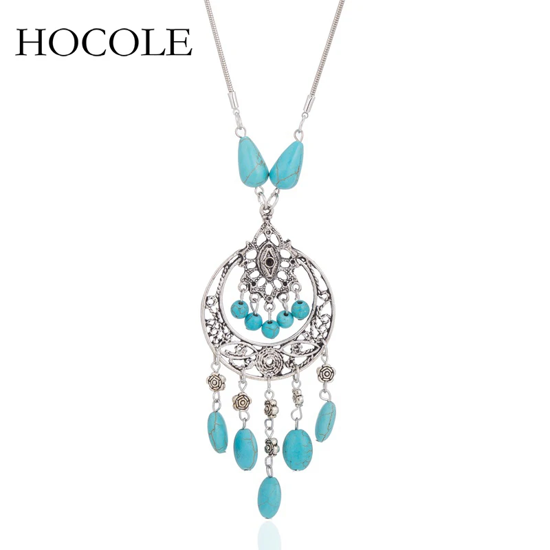 

Ethnic Geometric Green Stone Beaded Hollow Out Tassel Necklace Bohemian Long Chain Choker Necklace For Women Collier Femme