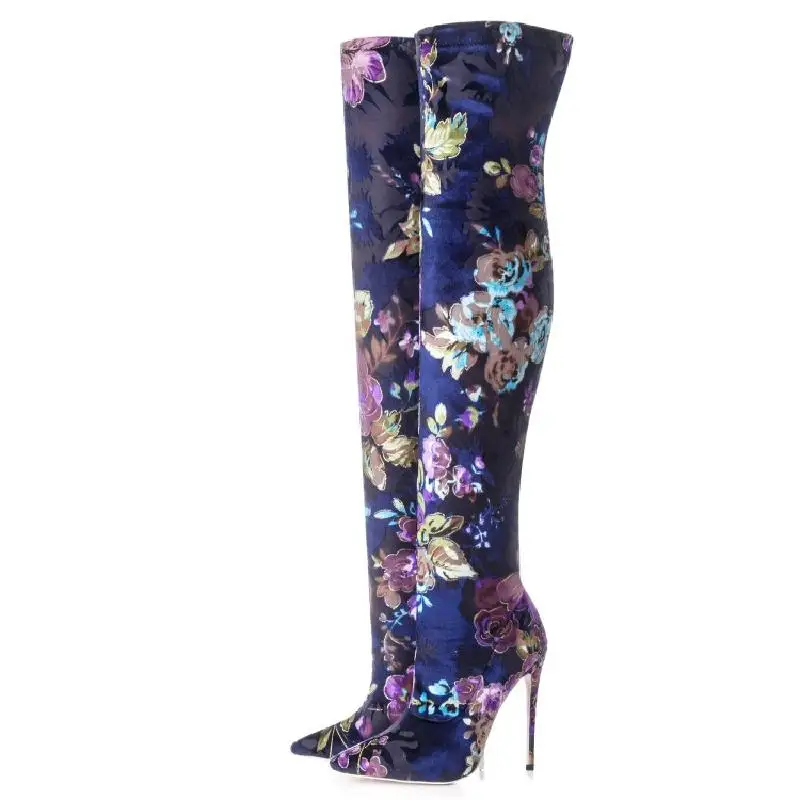 Women's Over Knee High Boots Pointed Toe High Heel Printed Floral Sexy Shoes E1