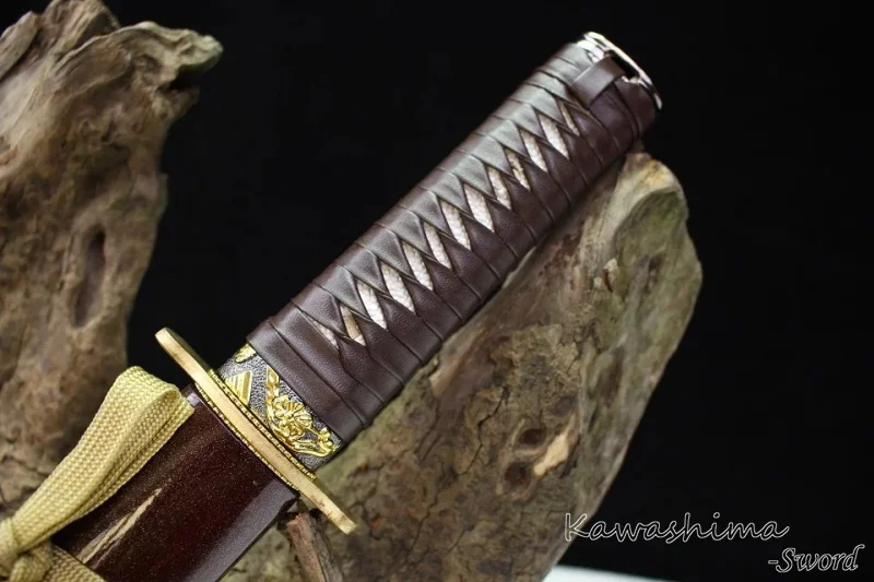 Японский ручной работы Wakizashi 1095 Высокоуглеродистая сталь Цинковый Сплав Tsuba ПОЛНЫЙ ТАН лезвие твердые деревянные ножны коричневый лакированный