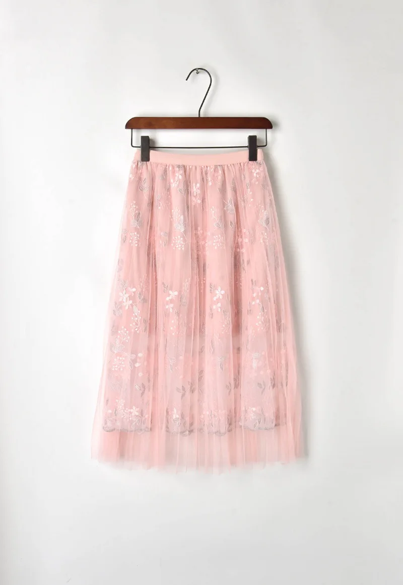 2019 весенние женские длинные юбки дамы тюль плиссированные юбки Милая Дамская мода цветочной вышивкой гофрированный с сеткой юбка falda mujer