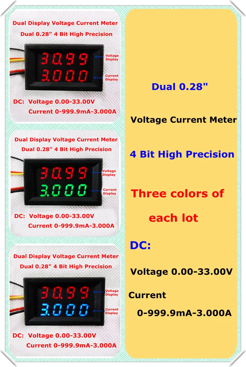 

RD RED/GREE/Blue+Red Dual LED 4 bit 0.28 Digital Ammeter Voltmeter voltage current meter DC 0-33.0V/1A/3A 5 wire [3pcs/lot]