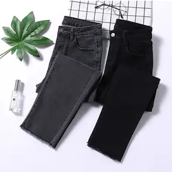 Высокая талия узкие женские джинсы карандаш рваные серый черный стрейч Mom jeans плюс Размеры женские джинсы mujer